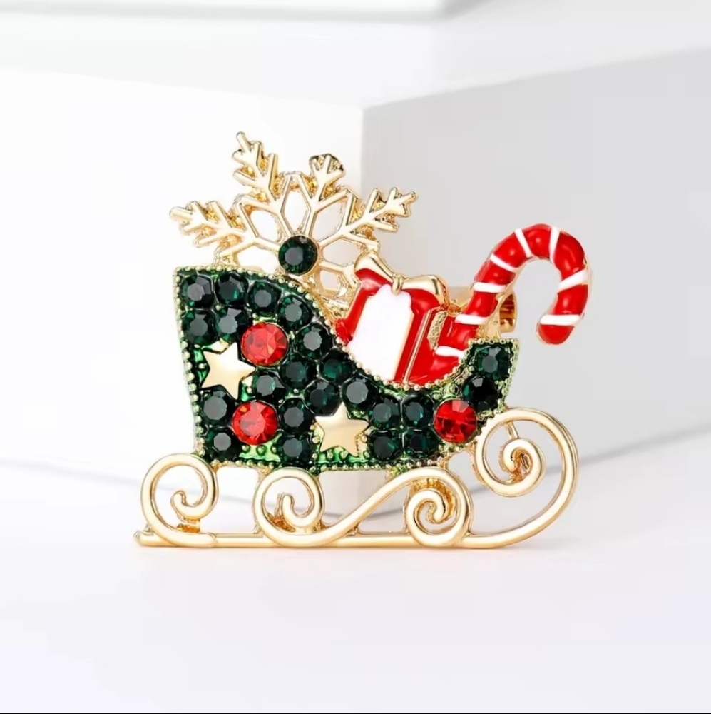Festive Sleigh Brooch with Red and Green Accents